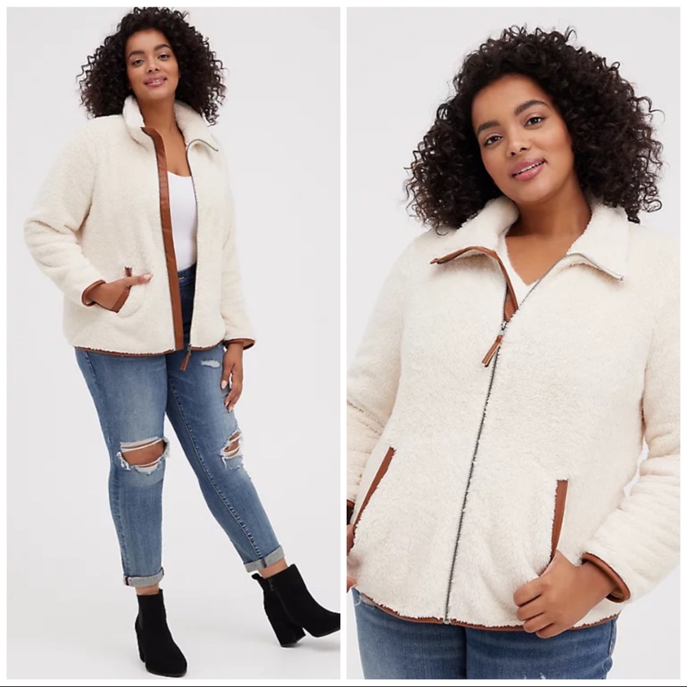 TORRID FAUX SHEARLING CONTRAST TRIM IVORY ZIP JACKET
